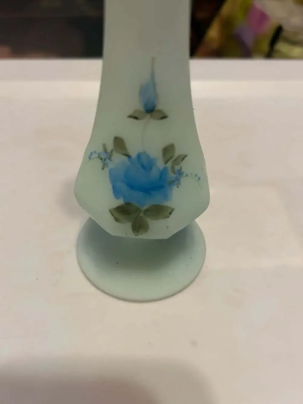 Fenton Satin Blue Green Hand Painted Vase Flowers & Signed by Kim L
